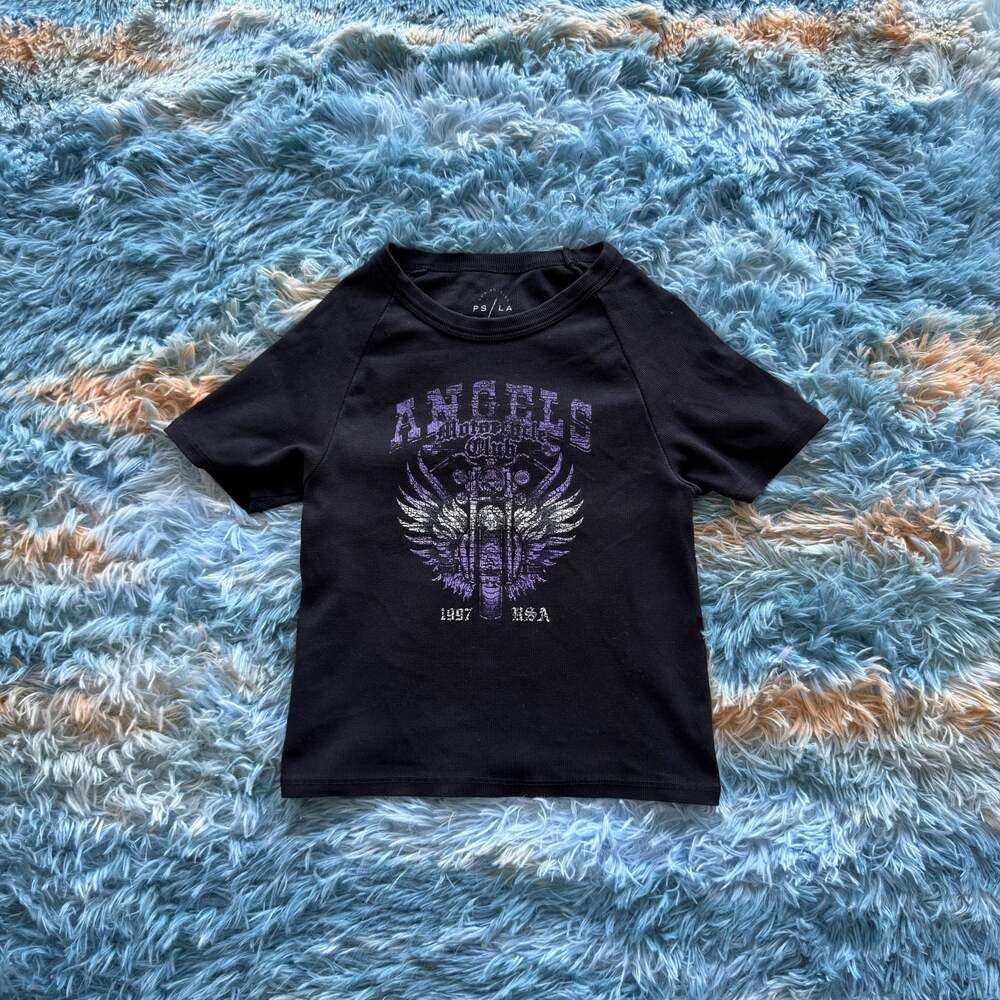 PS/LA Black Ribbed Graphic Tee with Angel Wings Motorcycle Club Print